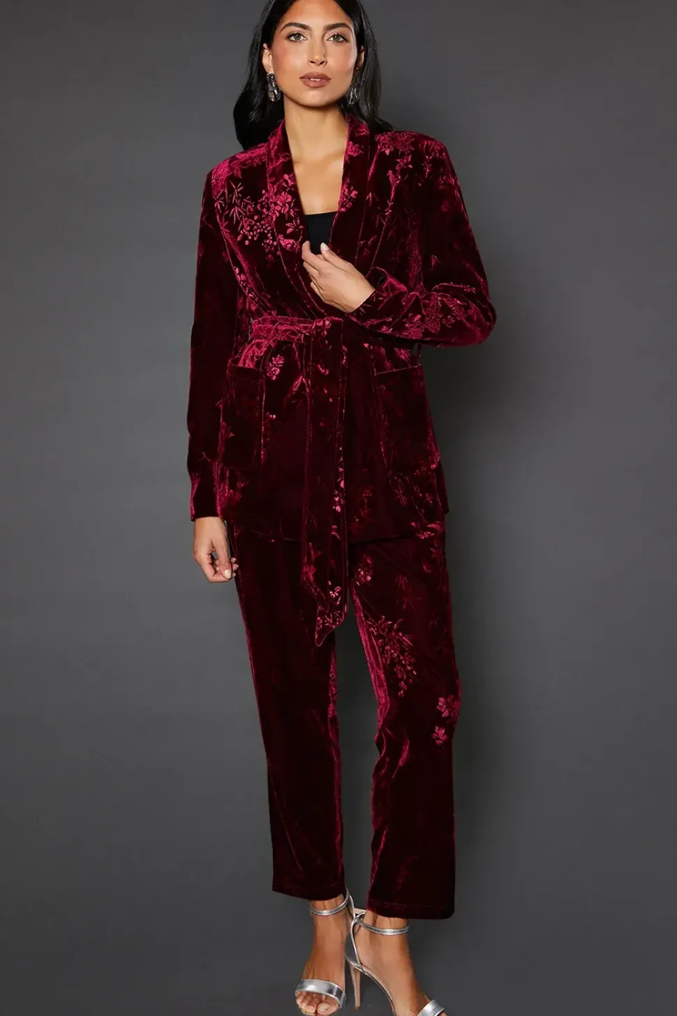 Floral Velvet Tie Belted Blazer