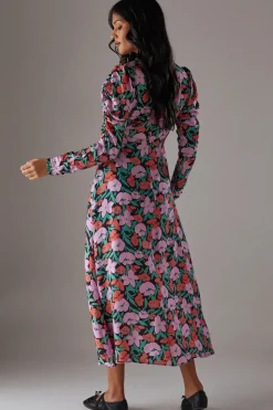 Floral Viscose V Neck Long Puff Sleeve Midi Dress