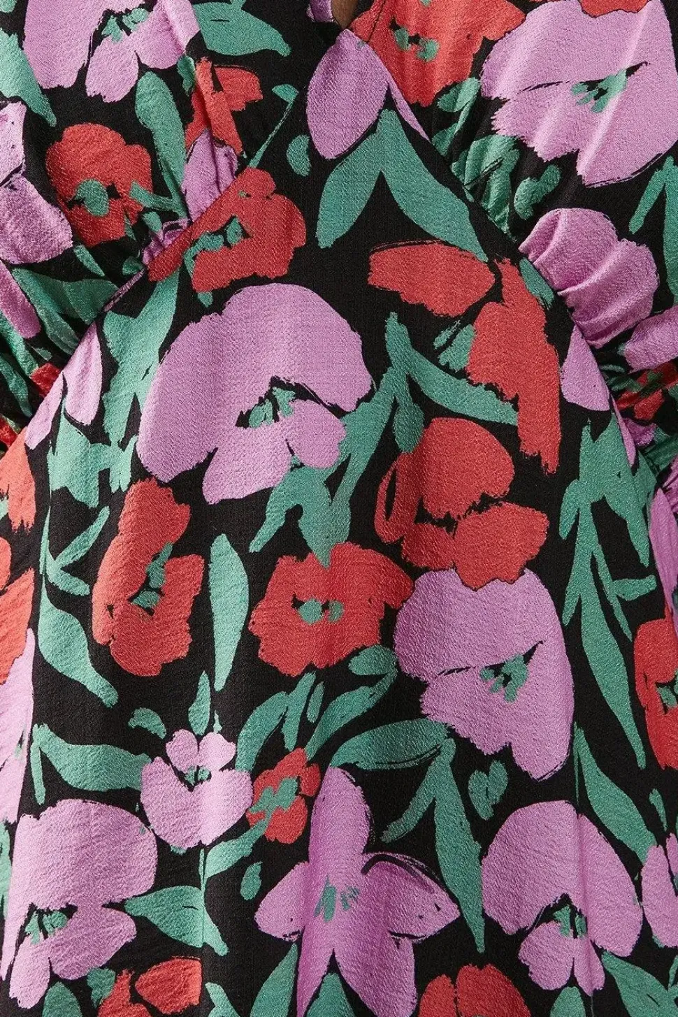 Floral Viscose V Neck Long Puff Sleeve Midi Dress