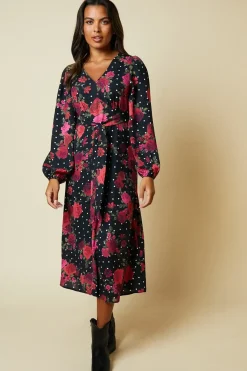 Floral V Neck Long Sleeve Midi Dress