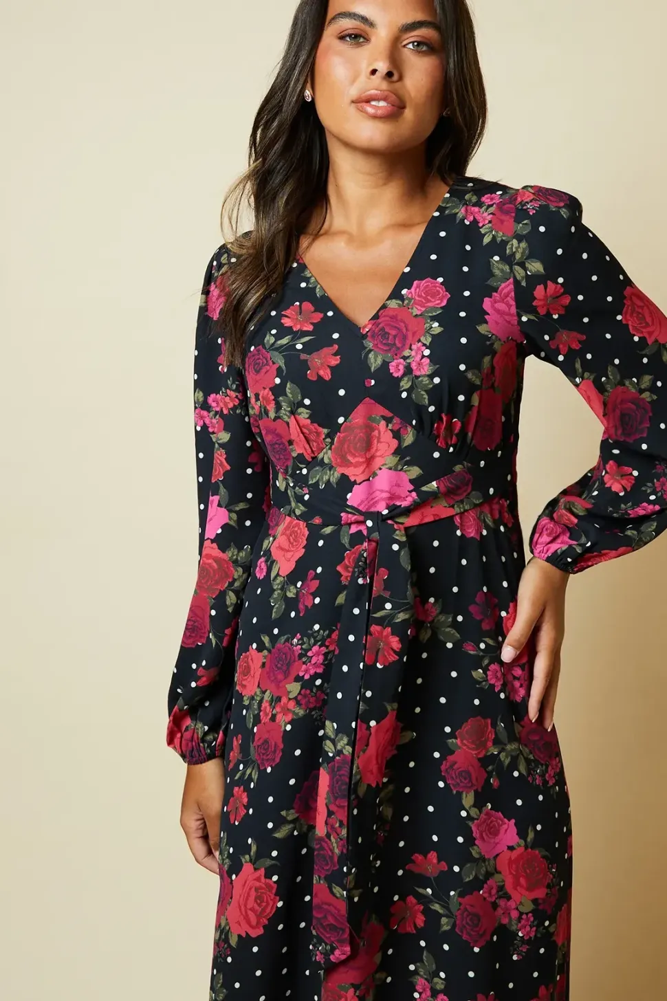 Floral V Neck Long Sleeve Midi Dress