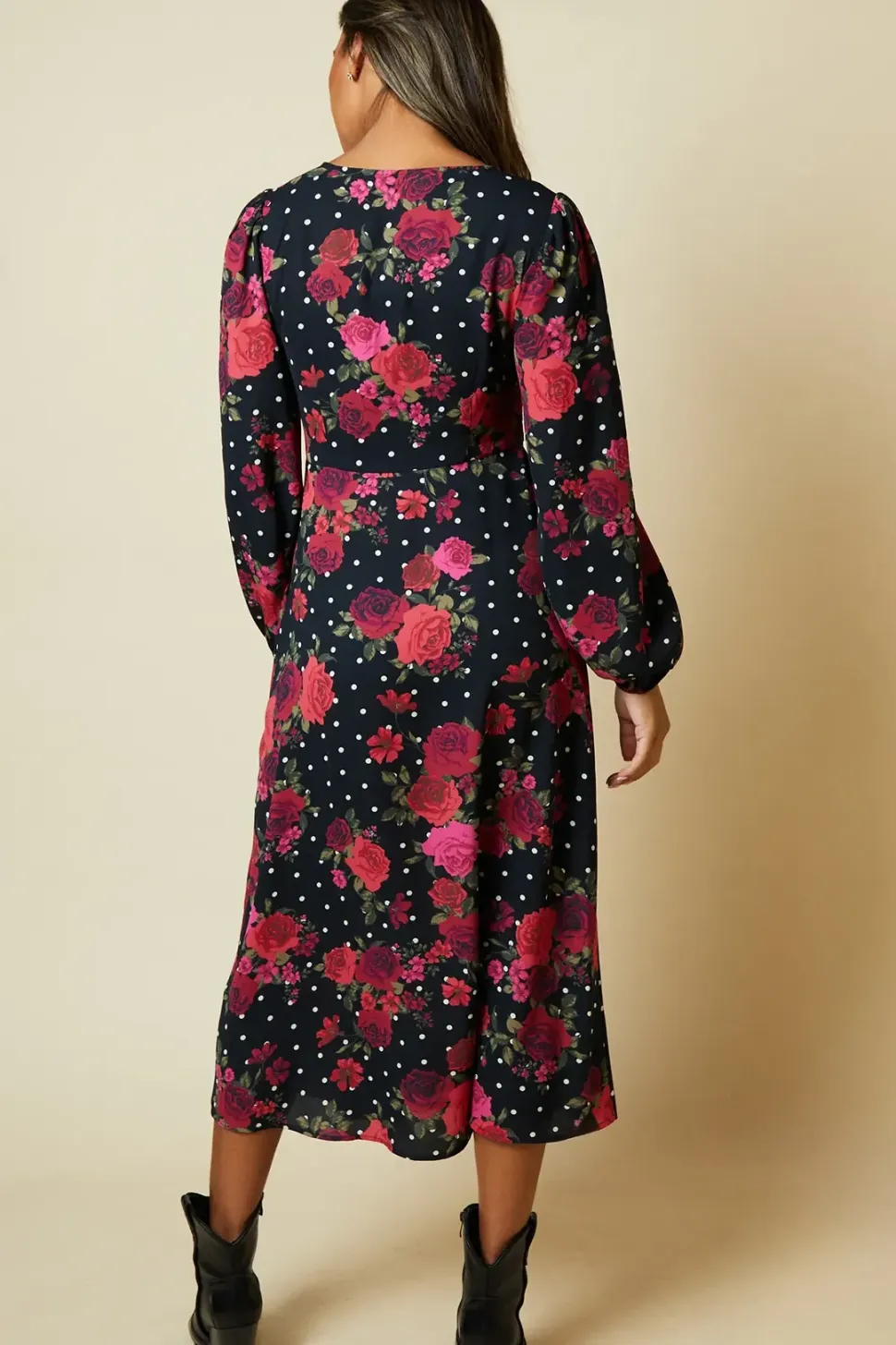 Floral V Neck Long Sleeve Midi Dress