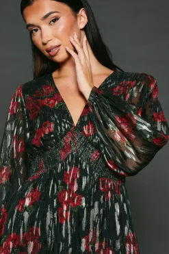 Floral V Neck Metallic Midi Dress
