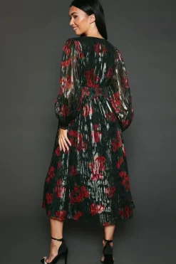 Floral V Neck Metallic Midi Dress