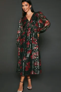 Floral V Neck Metallic Midi Dress