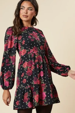 Floral With Spot Long Sleeve Tiered Mini Dress