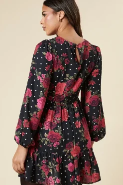 Floral With Spot Long Sleeve Tiered Mini Dress