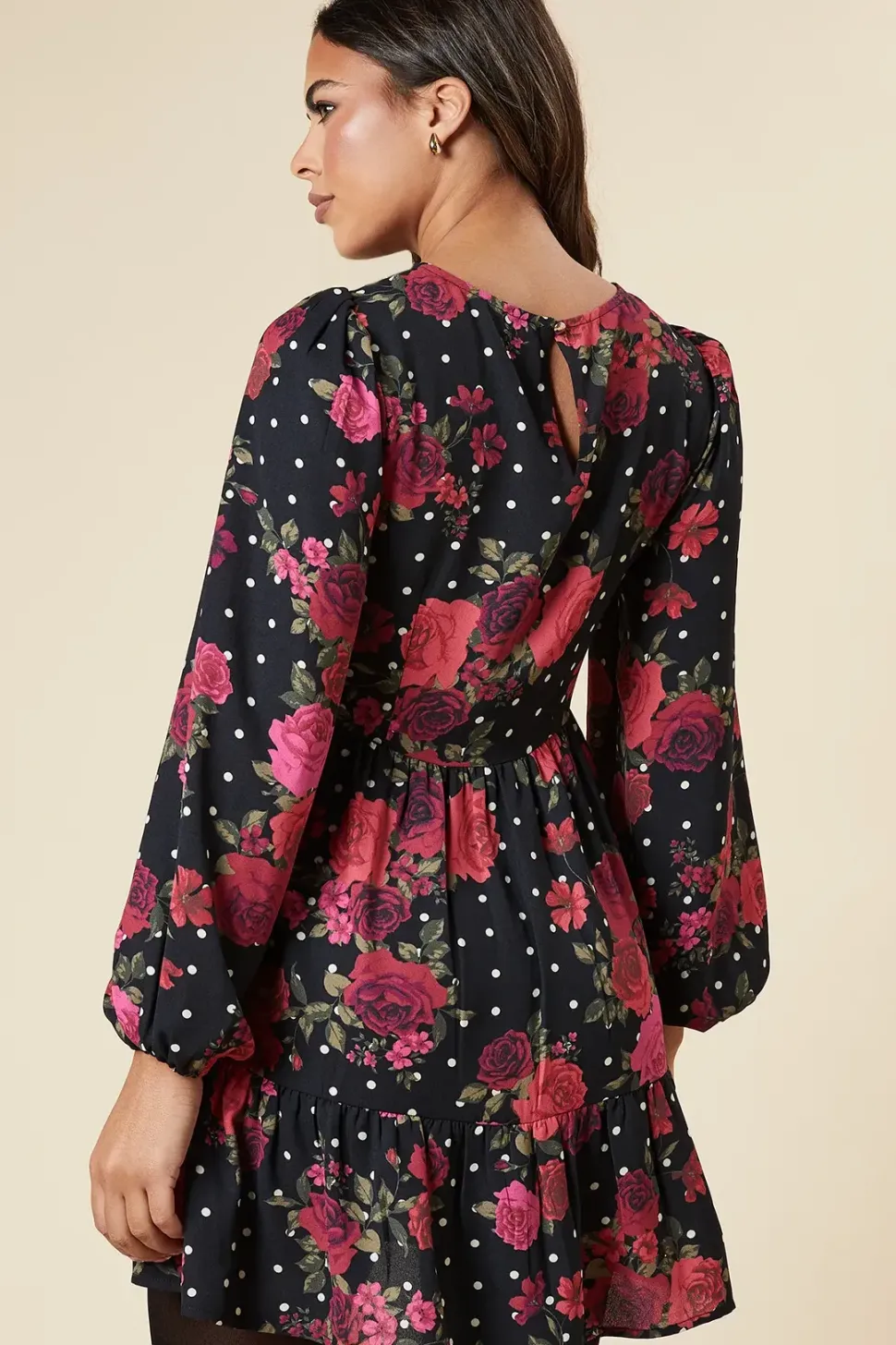 Floral With Spot Long Sleeve Tiered Mini Dress