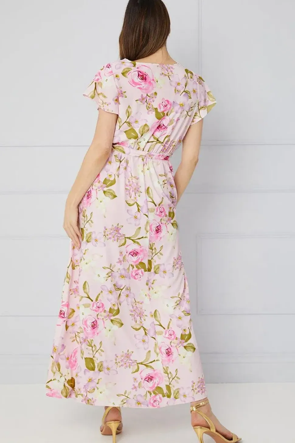Floral Wrap Angel Sleeve Midi Dress