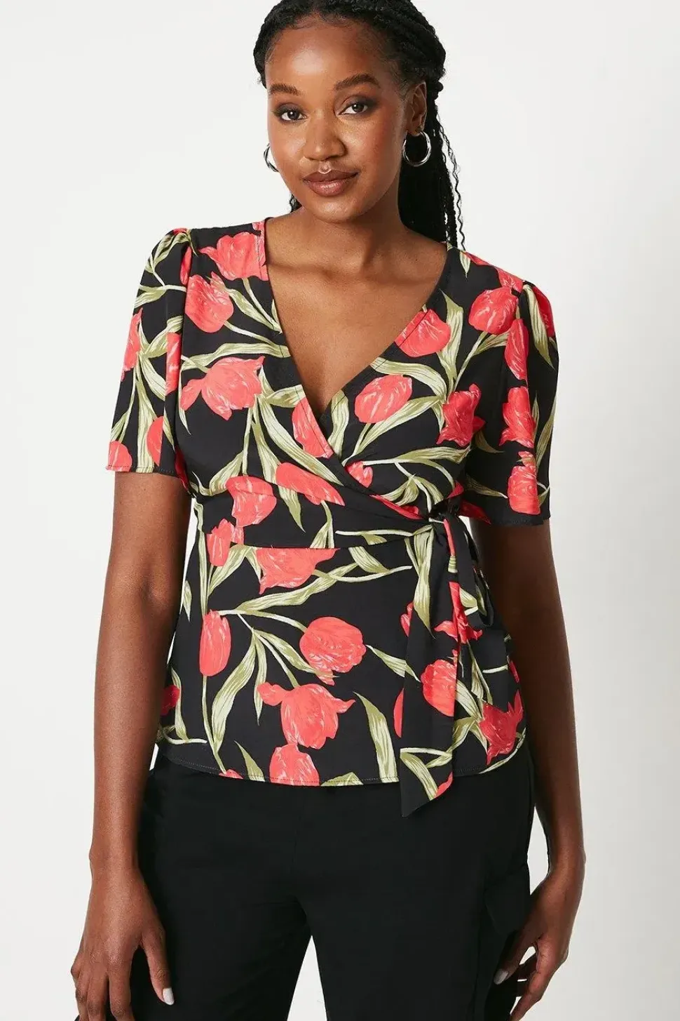 Floral Wrap Short Sleeve Blouse