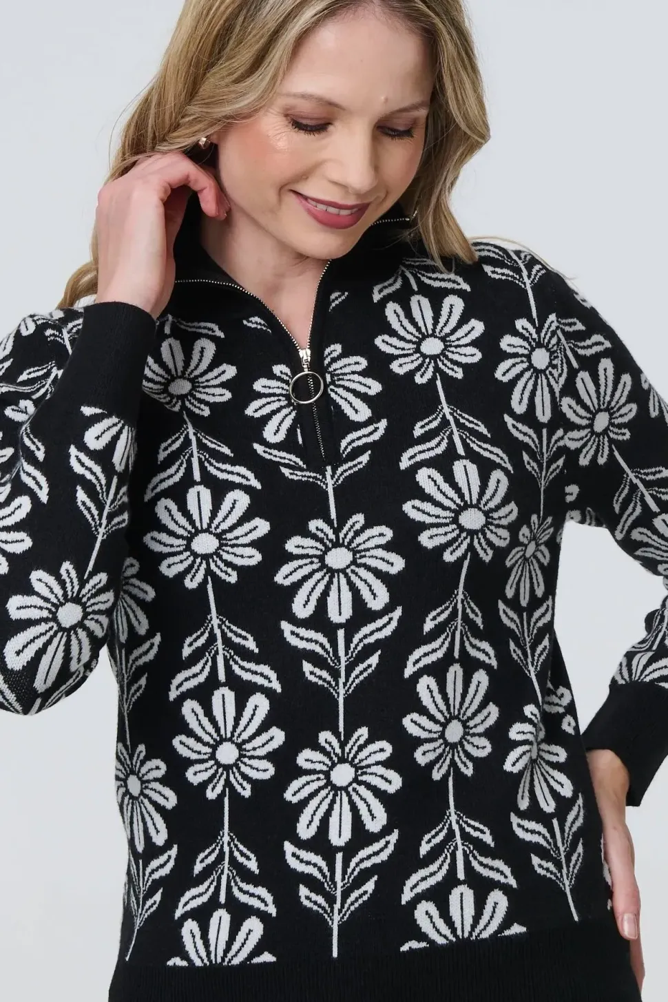 Floral Zip Neck Long Sleeve Pullover