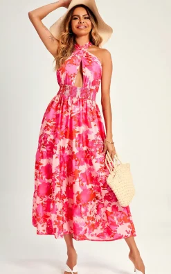 Flora Print Halter Neck Tie Back Maxi Dress In Pink