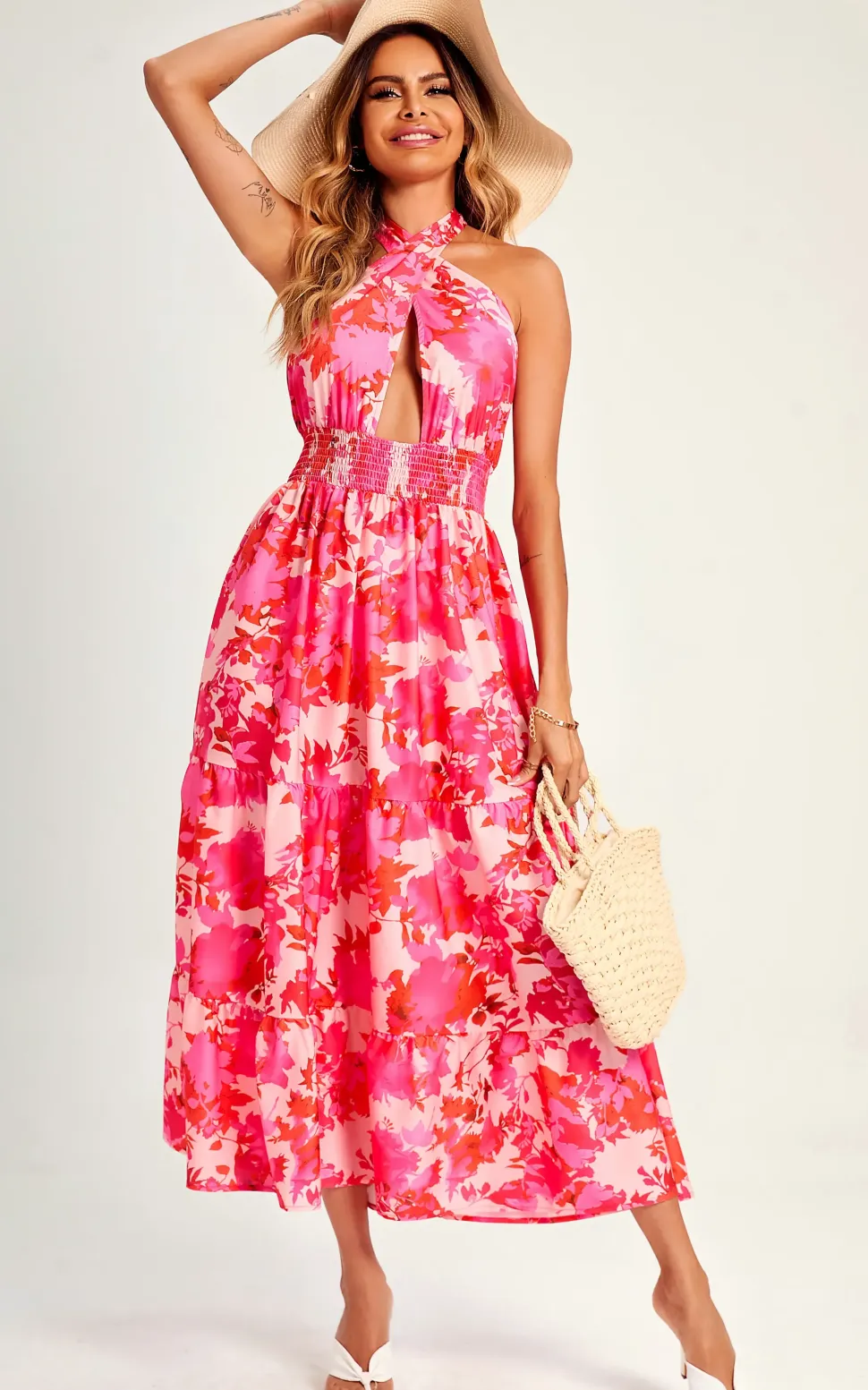 Flora Print Halter Neck Tie Back Maxi Dress In Pink