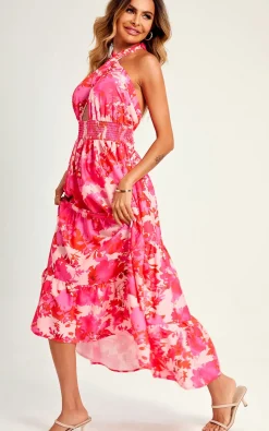 Flora Print Halter Neck Tie Back Maxi Dress In Pink