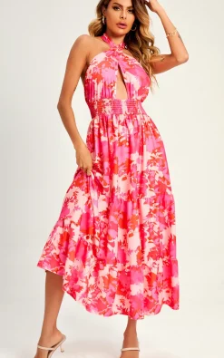 Flora Print Halter Neck Tie Back Maxi Dress In Pink