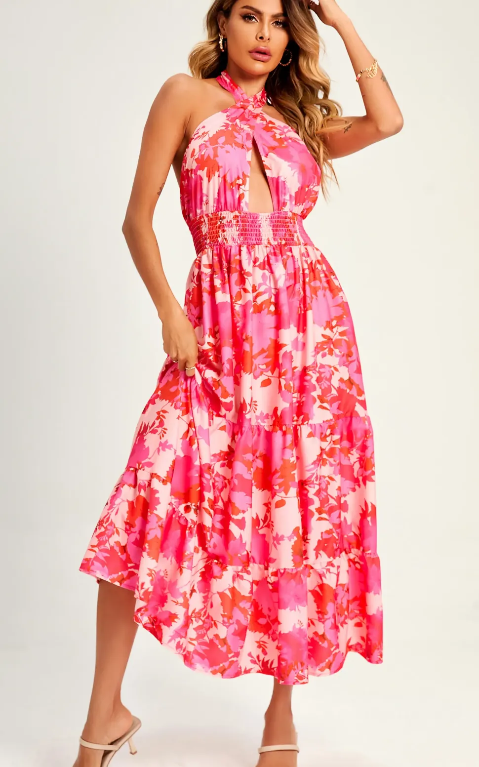 Flora Print Halter Neck Tie Back Maxi Dress In Pink