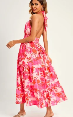 Flora Print Halter Neck Tie Back Maxi Dress In Pink