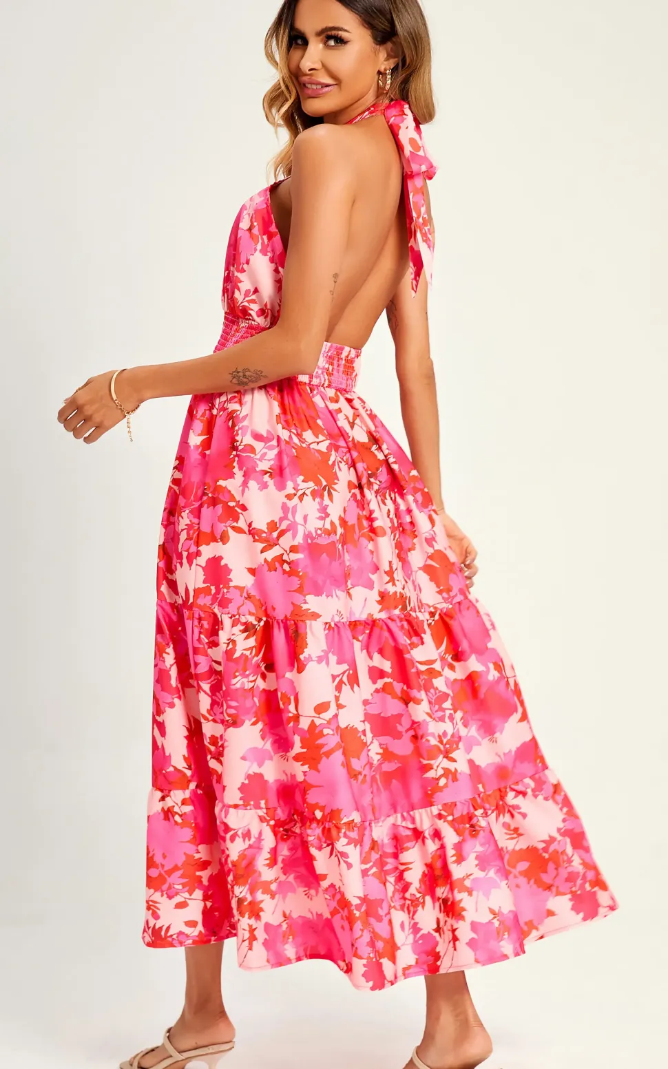 Flora Print Halter Neck Tie Back Maxi Dress In Pink