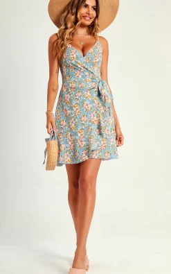 Flora Print Hem Detail Strap Mini Dress In Blue