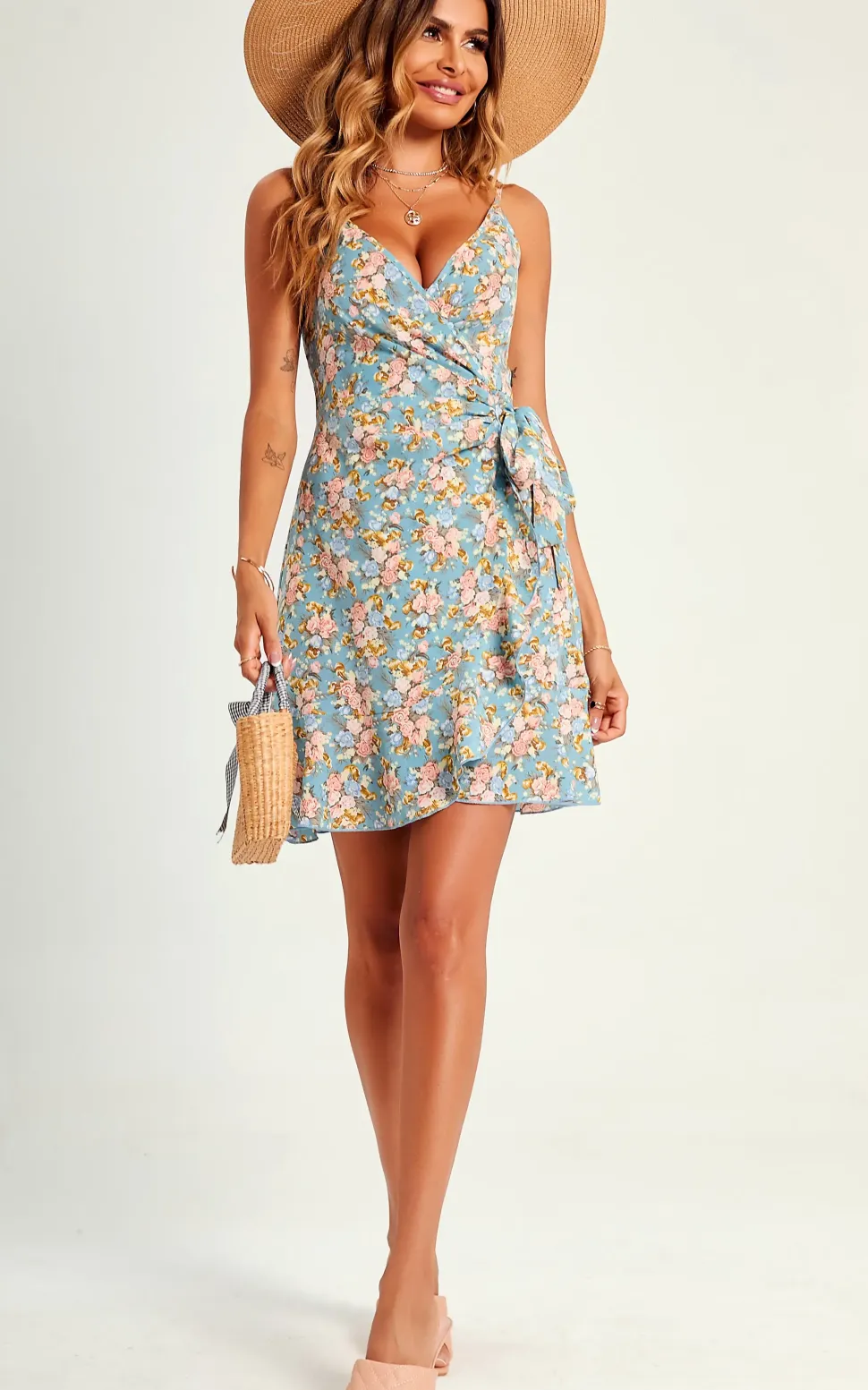 Flora Print Hem Detail Strap Mini Dress In Blue