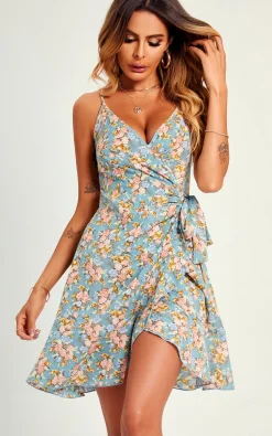 Flora Print Hem Detail Strap Mini Dress In Blue