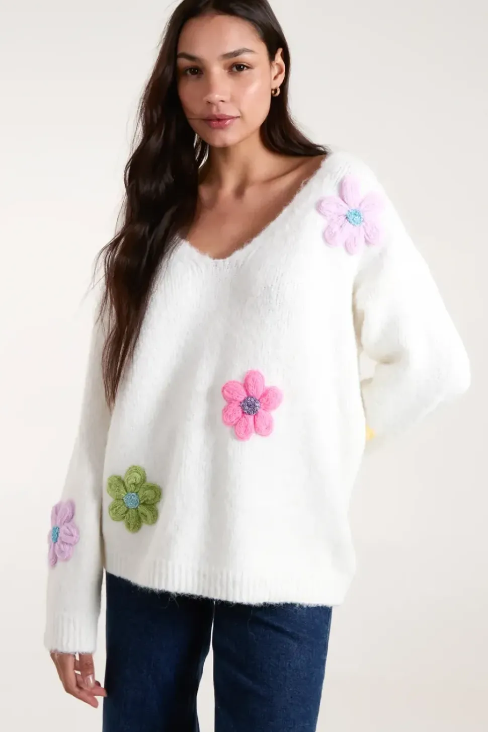 Flower Knit Embroidery V neck Jumper
