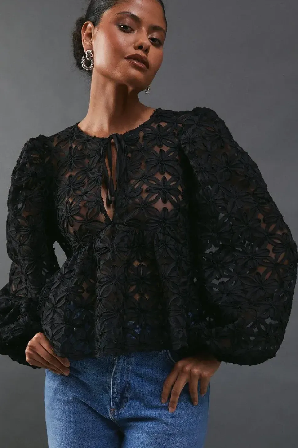 Flower Organza Sheer Tie Front Blouse