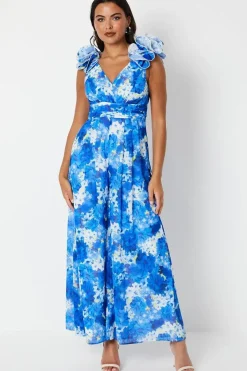 Flower Shoulder Printed Wide Leg Jumpsuit