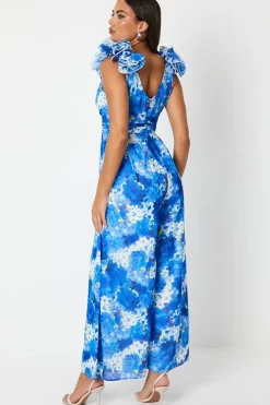 Flower Shoulder Printed Wide Leg Jumpsuit