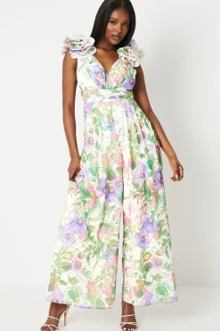 Flower Shoulder Printed Wide Leg Jumpsuit