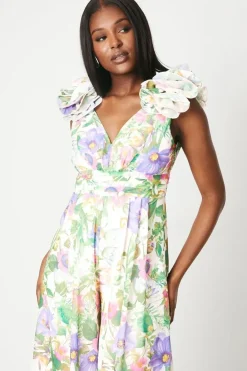 Flower Shoulder Printed Wide Leg Jumpsuit