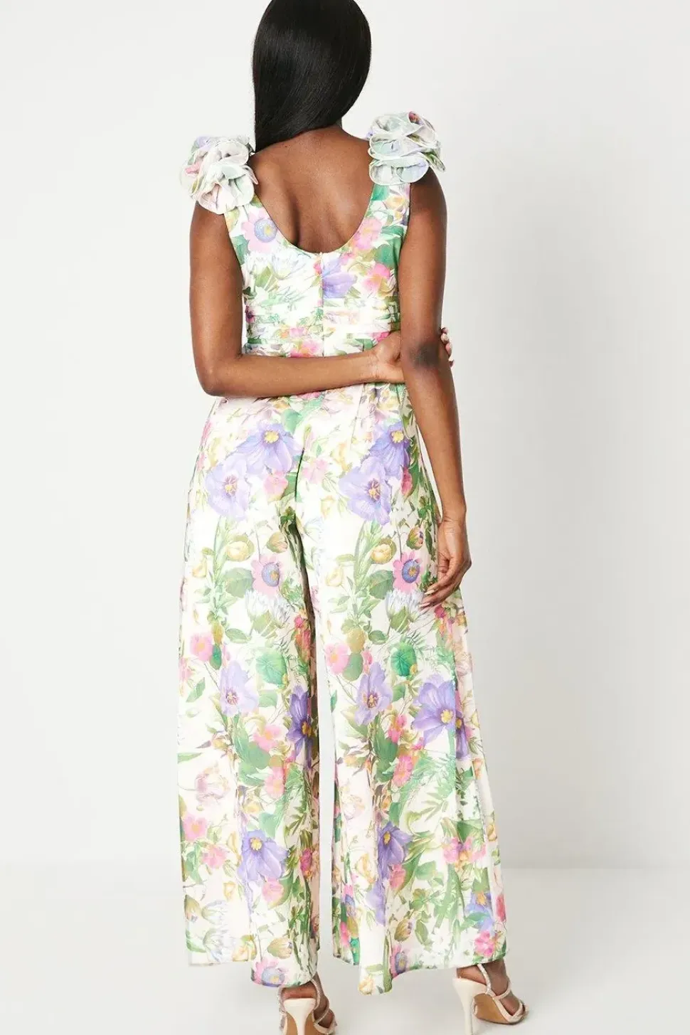 Flower Shoulder Printed Wide Leg Jumpsuit
