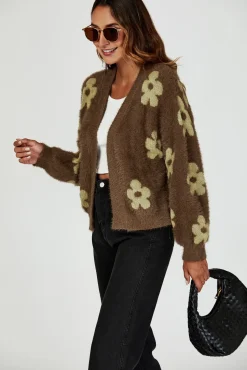 Flowers Pattern Knitted Cardigan In Brown