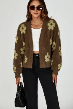 Flowers Pattern Knitted Cardigan In Brown