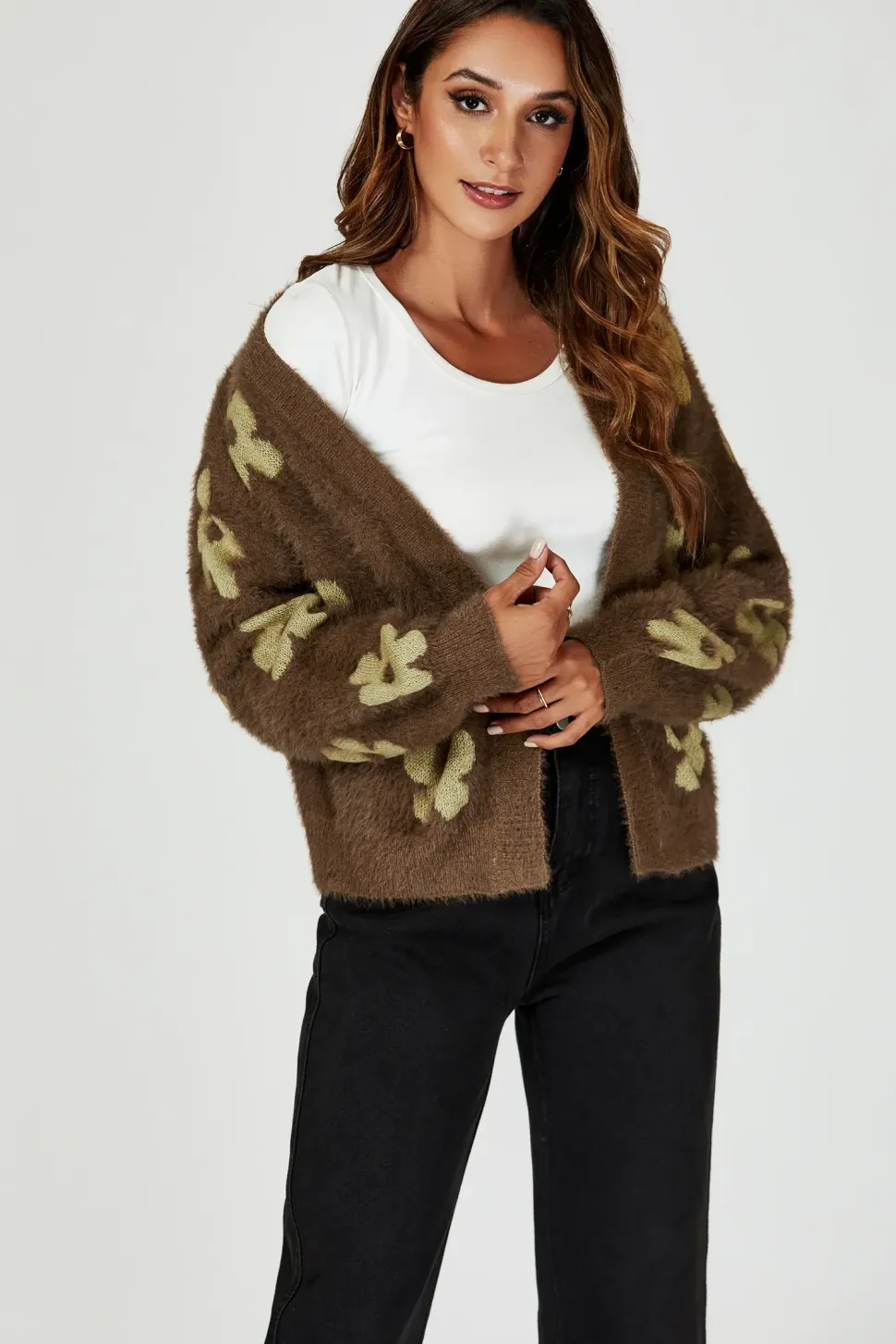 Flowers Pattern Knitted Cardigan In Brown
