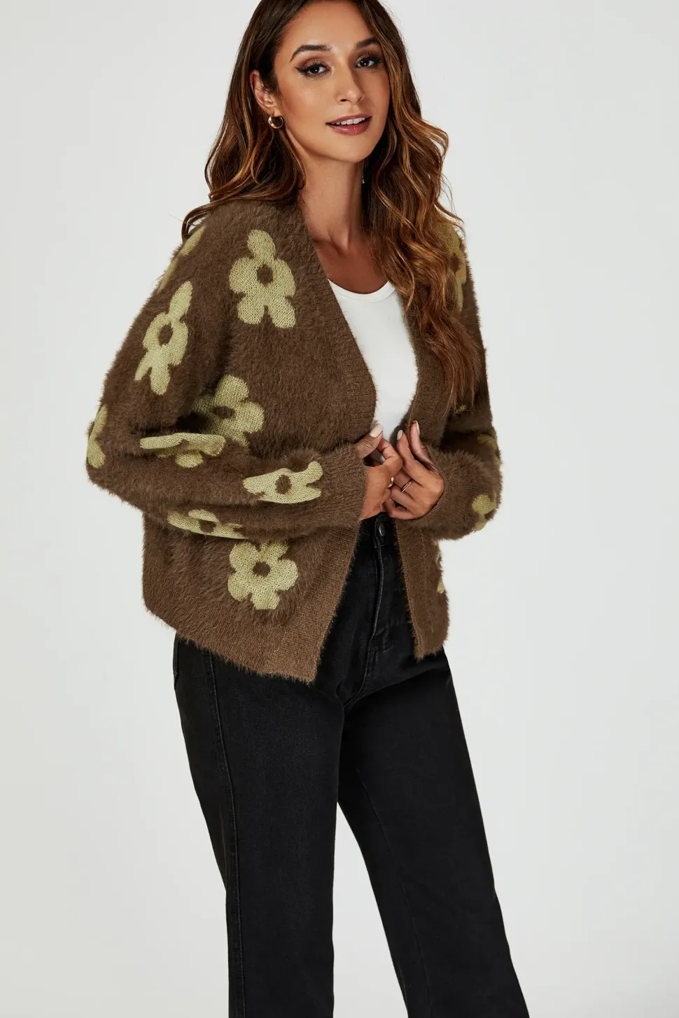 Flowers Pattern Knitted Cardigan In Brown