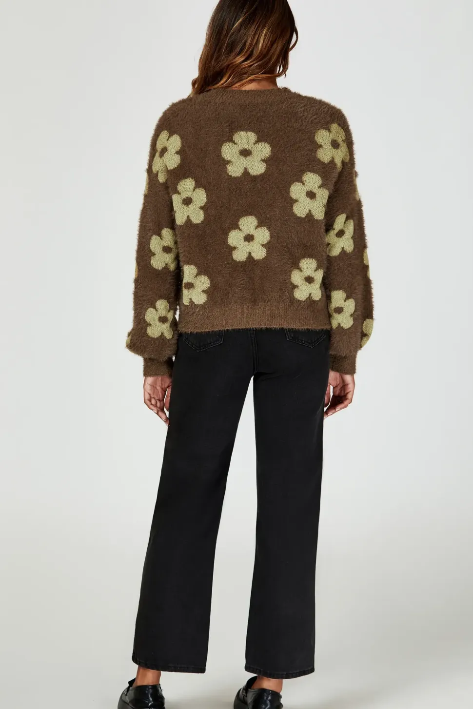 Flowers Pattern Knitted Cardigan In Brown