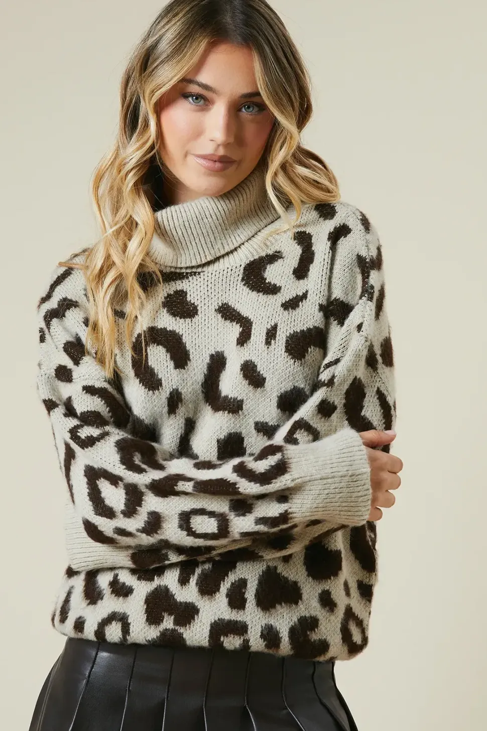 Fluffy Leopard Roll Neck Jumper