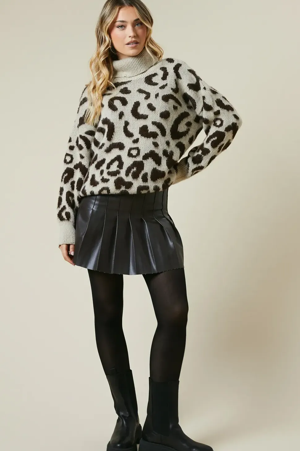 Fluffy Leopard Roll Neck Jumper