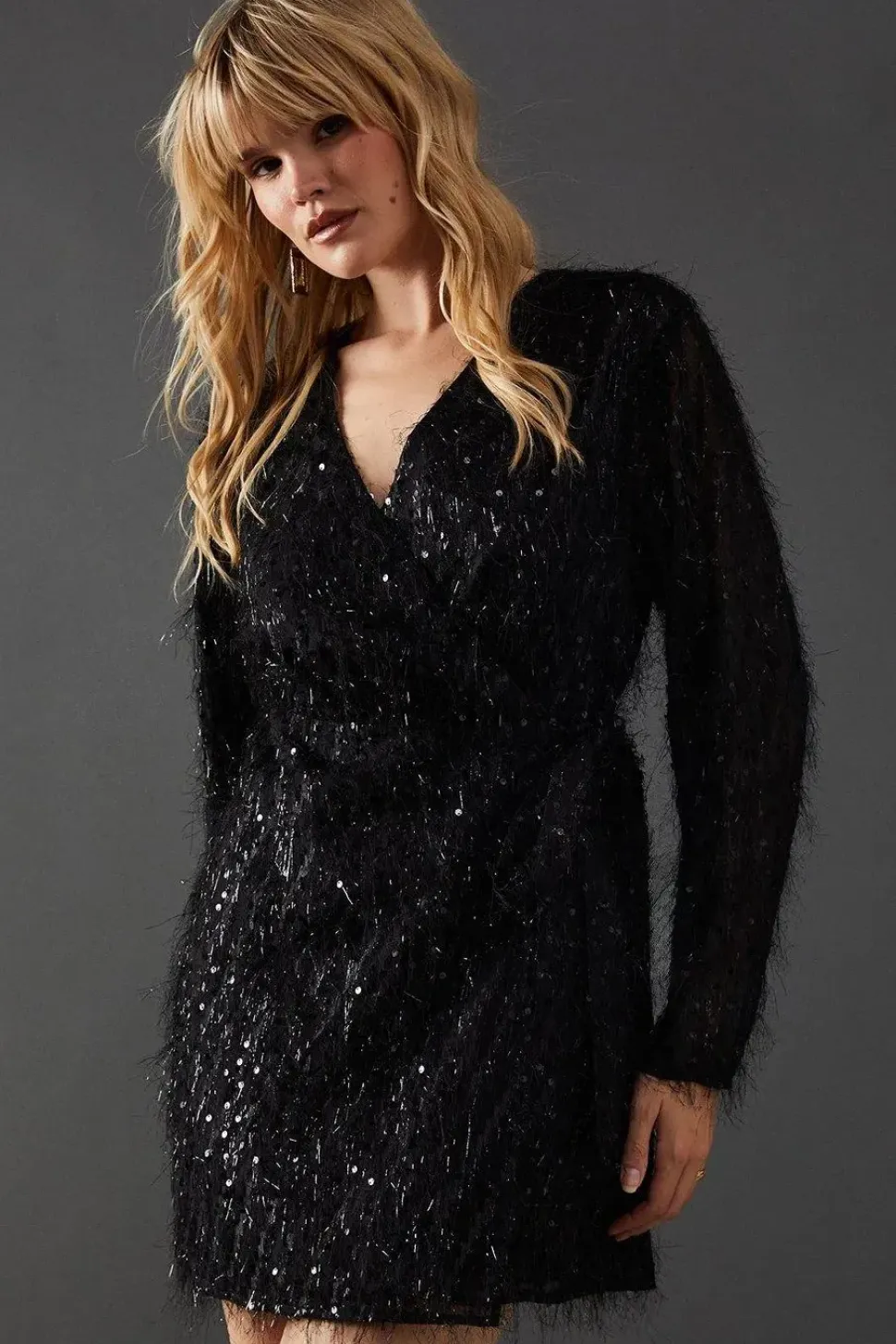 Fluffy Sequin Wrap Front Mini Dress