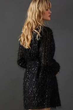 Fluffy Sequin Wrap Front Mini Dress