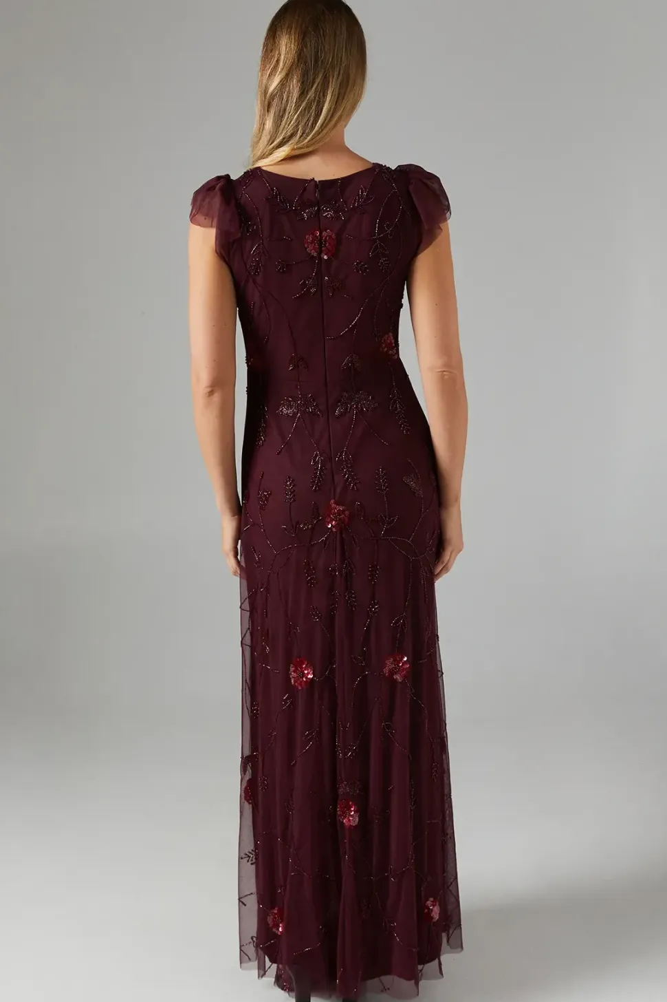 Flutter Sleeve Embellished Mesh Bridesmaids Dress