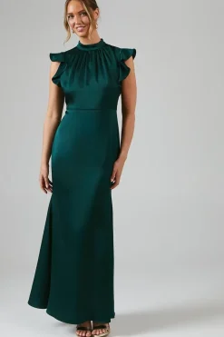 Flutter Sleeve High Neck Satin Bridesmaid Maxi Dress