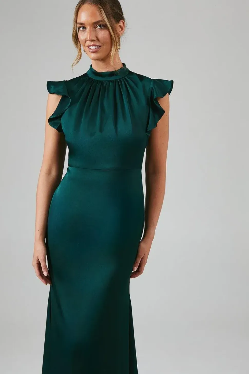 Flutter Sleeve High Neck Satin Bridesmaid Maxi Dress
