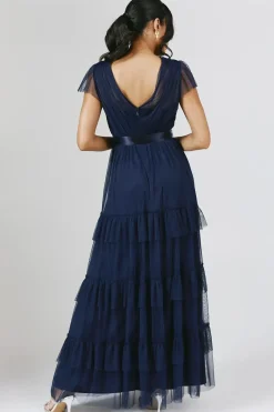 Flutter Sleeve Mesh Tiered Bridesmaid Dress