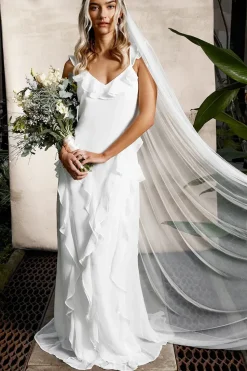 Flutter Sleeve Ruffle Detail Chiffon Bridal Maxi Dress