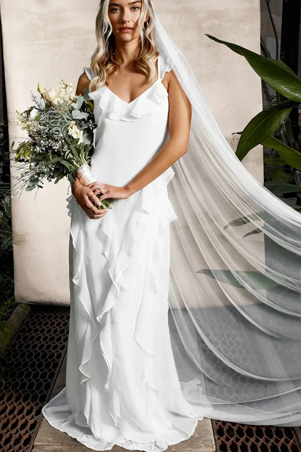 Flutter Sleeve Ruffle Detail Chiffon Bridal Maxi Dress