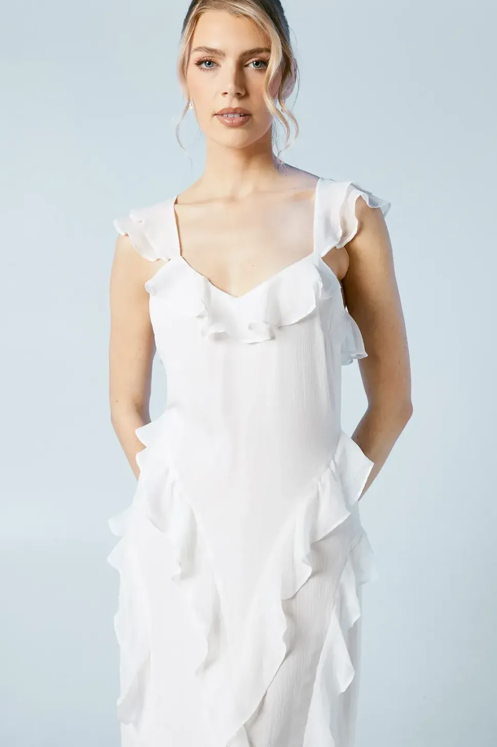 Flutter Sleeve Ruffle Detail Chiffon Bridal Maxi Dress
