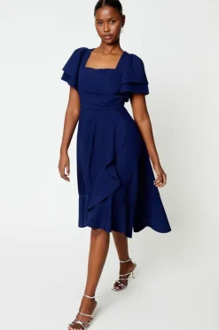 Flutter Sleeve Ruffle Wrap Skirt Midi Dress