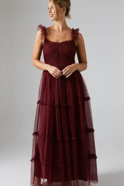 Flutter Sleeve Tiered Mesh Bridesmaids Dress